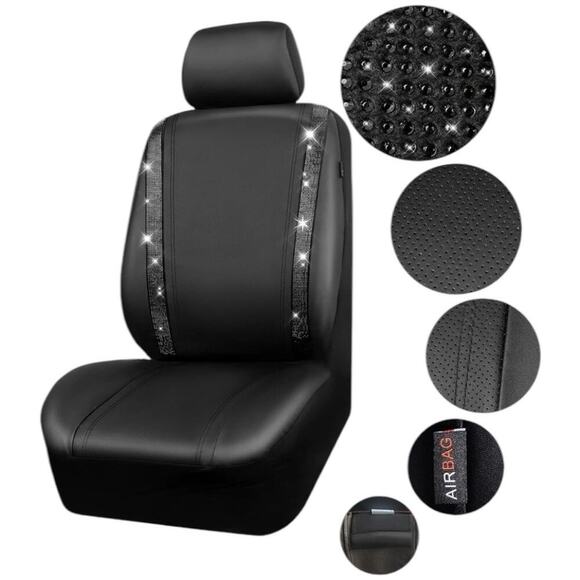 CAR PASS Black Diamond Leather Bling/Rhinestone  Car Seat Cover Full Set | NEW - Picture 6 of 11